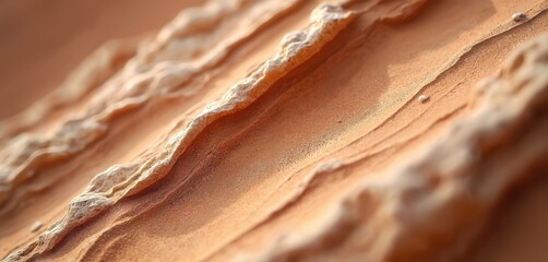 Close up view of natural sandstone texture. Layers of orange-brown rock show erosion patterns. Abstract background of desert geological formation. Surface weathered lines, fine grain details. Rough