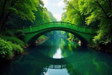 Tranquil Green Bridge Arching Over Calm Water, Lush Foliage Reflecting in Stillness ? Ideal for Nature, Travel, and Environmental Projects