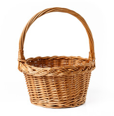 A round basket with a handle woven from a vine on a white background