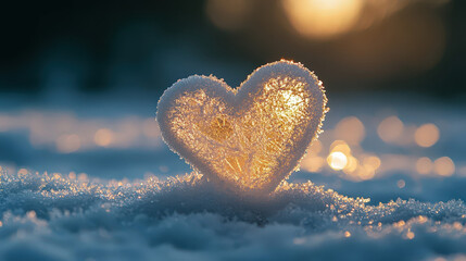 glowing frozen heart symbol sitting in snow during cold winter day. warm light from sunset shines through ice creating romantic + peaceful feeling.