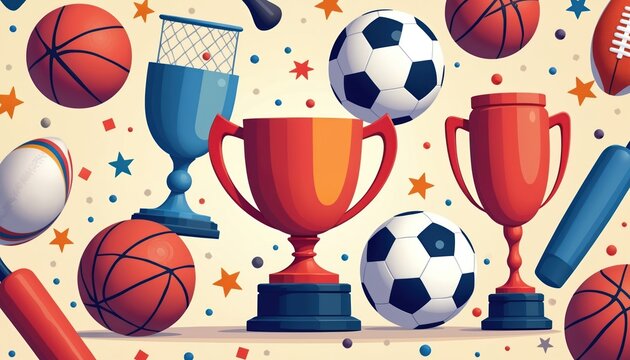 Diverse sports balls, trophies, awards shown. Basketball, soccer, rugby, football balls, red, blue cups, bat, net. Confetti, stars highlight athletic success, victory, games, competition spirit.