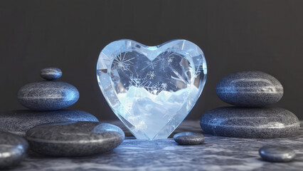 Crystal heart gemstone surrounded by smooth dark stone creating peaceful spa atmosphere with soft lighting and zen meditation environment