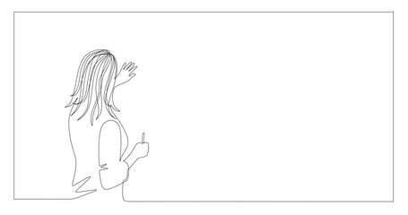 Continuous line art of a female lecturer writing on a blackboard. High-level lecture concept.
