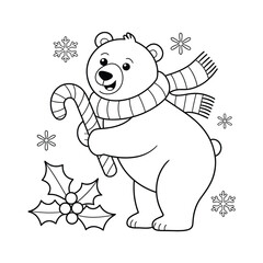 Cute polar bear with candy cane and holly decorative vector illustration for festive seasonal designs silhouette vector illustration white background