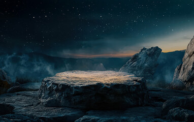Mystical glowing stone altar on rocky mountain at night. mysterious and epic landscape.