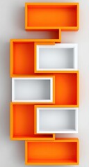Contemporary orange and white modular wall shelves display items.