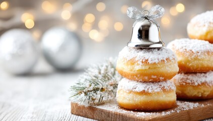 Doughnuts dusted with powdered sugar are stacked and decorated with a festive bell.