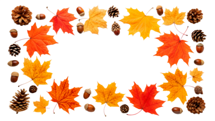 Colorful autumn leaves and pine cones arranged in a decorative frame. The background is transparent, ideal for overlays and designs.