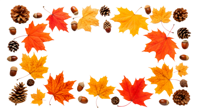 Colorful autumn leaves and pine cones arranged in a decorative frame. The background is transparent, ideal for overlays and designs. - Powered by Adobe