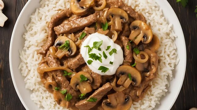 Beef stroganoff with rice mushrooms and sour cream in a white bowl overhead view