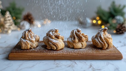 Four sweet pastries dusted with powdered sugar on a wooden board.