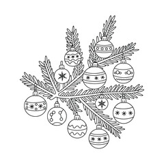 Scalable vector line art illustration of christmas ornaments hanging on pine branches for festive design projects silhouette vector illustration white background