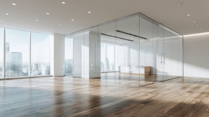 Fototapeta premium Empty modern office space with glass meeting room and city skyline view