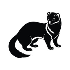 Stylized silhouette of a black ferret standing alert with a white chest marking on a white background
