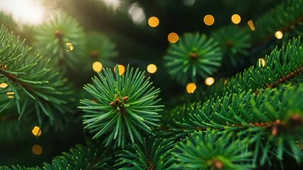 Closeup of green pine tree branches with bokeh lights creating a festive and warm christmas atmosphere - Powered by Adobe