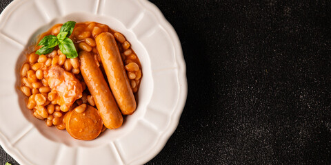 Cassoulet beans with meat and sausage french cuisine vegetables dish natural product tasty snack fresh delicious gourmet food background on the table rustic top view copy space