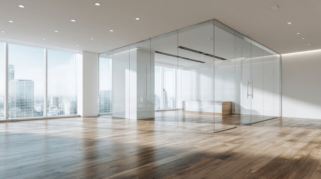 Empty modern office space with glass meeting room and city skyline view