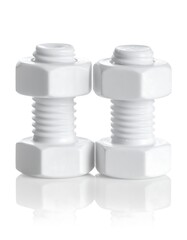 Two white plastic nuts and bolts