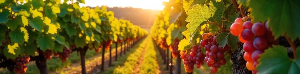Golden Hour Harvest Ripe Grapes Hanging Heavy on Sun-Drenched Vineyard Vines, Autumnal Abundance