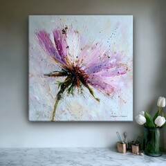 Textured abstract floral painting with pink petals and splattered paint.