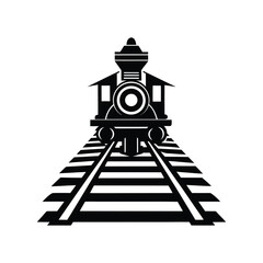 Classic steam locomotive approaching on railroad tracks in a stylized black and white illustration