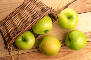 Sweet green apples, top view, macro.