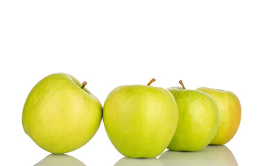 Sweet green apples isolated on white background, macro.