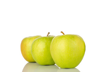 Sweet green apples isolated on white background, macro.