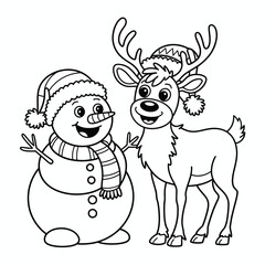 Charming black and white line art vector illustration of a joyful snowman and a friendly reindeer for christmas and winter designs silhouette vector illustration white background