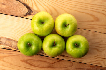 Sweet green apples, top view, macro.