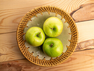 Sweet green apples, top view, macro.