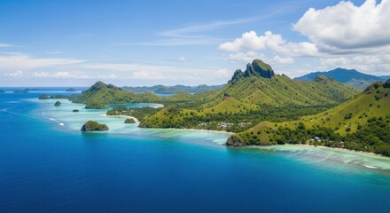 Obraz premium Aerial shot of islands and turquoise water under a bright, cloudy sky