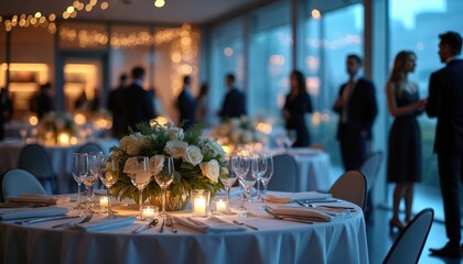 Guests attend formal event inside elegant modern venue during night. Tables set beautifully with white roses, glowing candles, fine dinnerware. People in suits, dresses socialize, enjoying refined