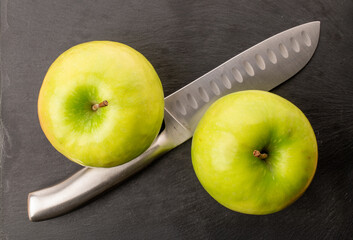 Sweet green apples, top view, macro.