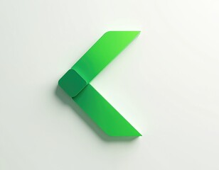 Bright green 3D rendered abstract arrow, composed of two segments, points left. Smooth gradient, sits on clean white background. Modern graphic direction, previous step, navigation, for digital tech,