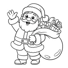 Scalable vector eps illustration of a cheerful santa claus with a gift bag for festive designs silhouette vector illustration white background