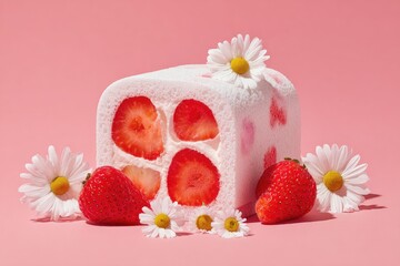 A sweet cake with strawberries and flowers sits on a pink background.