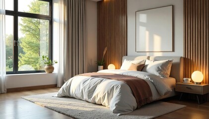 Tranquil Bedroom Interior Soft Lighting, Plush Bedding, and Calming Decor Create a Perfect Space for Restful Sleep and Rejuvenation. Ideal for Relaxation and Interior Design Inspiration.