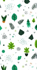 Diverse green foliage and abstract geometric shapes create a whimsical pattern.