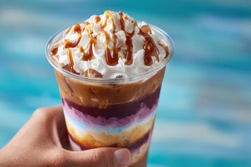 A hand holding a clear cup filled with a colorful layered dessert topped with whipped cream and caramel sauce. Perfect for summer treats.