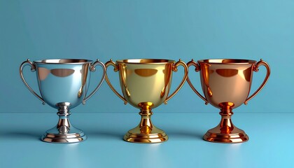 Three metallic trophies on a light blue surface
