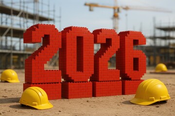 Red brick numbers 2026 with yellow helmets on sandy ground, outdoors