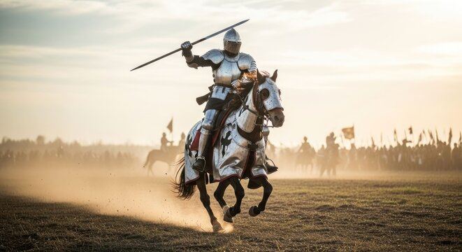 Armored knight on horseback, jousting with lance, during a battle scene