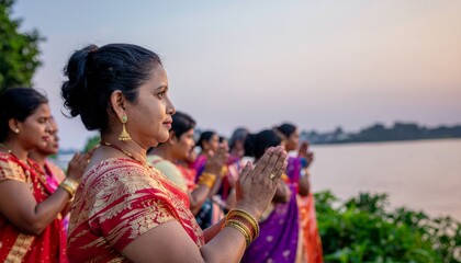 Women in traditional sarees performing ritual prayers by the river during Kartik Purnima festival at sunrise in India