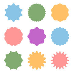 Set of colorful round and oval, rectangular and square, arch shapes with curvy edges. Cute geometric forms with scalloped borders.