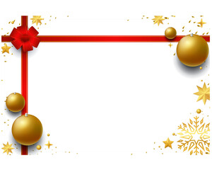 Christmas Holiday Frame Background with Red Ribbon and Gold Ornaments