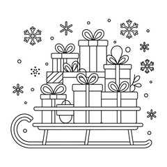 Elegant line art vector illustration of christmas gifts stacked on a sleigh with snowflakes for eps silhouette vector illustration white background