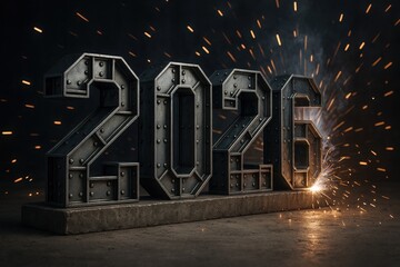 Steel 2026 numbers with bolts and sparks on dark floor background