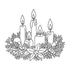 Elegant black and white line art vector illustration of a candle wreath for christmas and holiday designs silhouette vector illustration white background