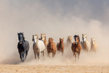 A powerful, dynamic shot of a band of wild horses galloping across a dusty desert plain, creating a dramatic and free sense of motion.